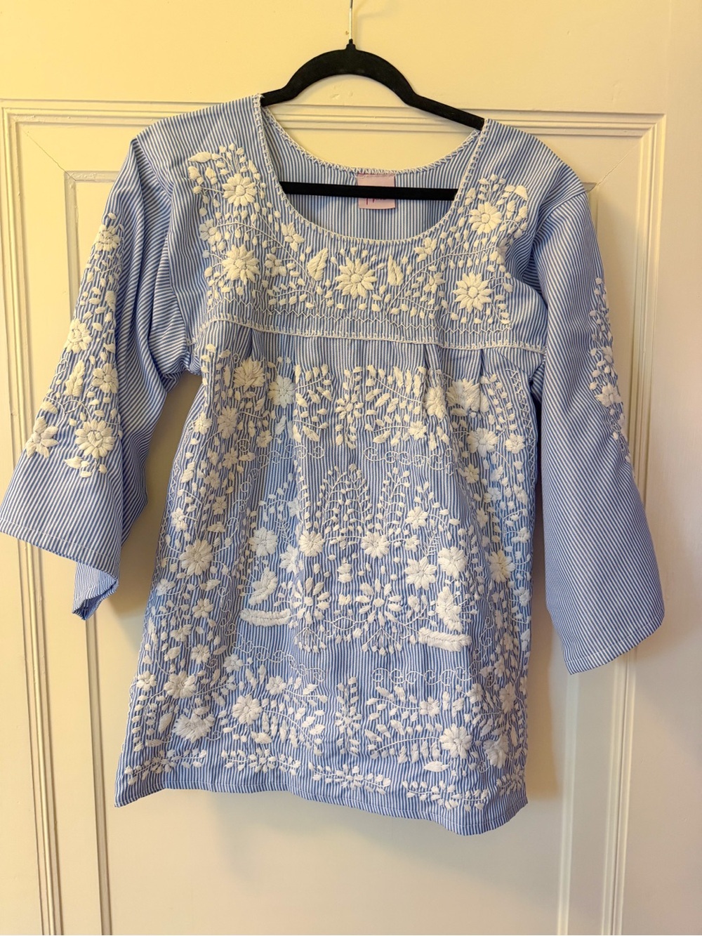 Blue and White Mexican Embroidered Women's Tunic Top
